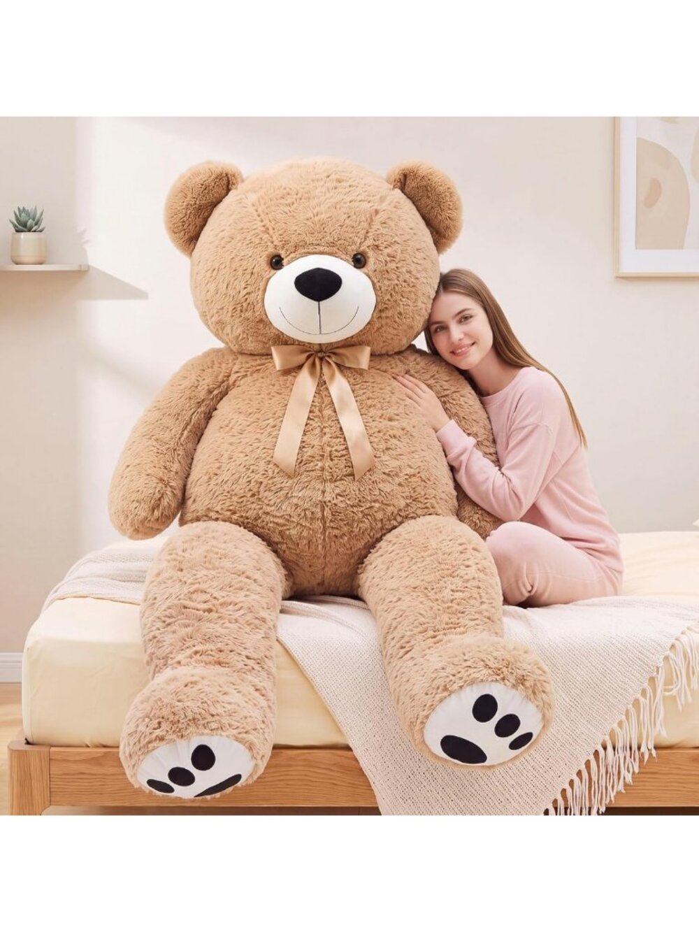 6FT Giant Plush Teddy Bear with Ribbon - Soft Brown Cuddly Stuffed Animal